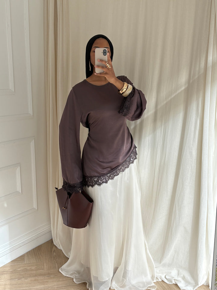 BLOUSE ASYMÉTRIQUE  DENTELLE TAUPE FONCÉ