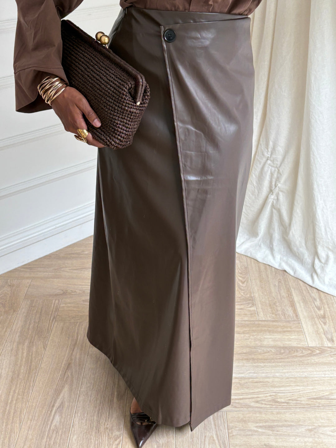 JUPE PORTEFEUILLE FAUX CUIR MARRON