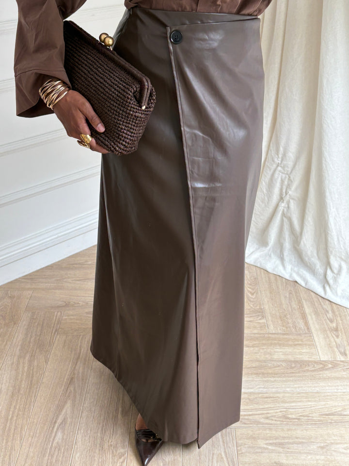 JUPE PORTEFEUILLE FAUX CUIR MARRON