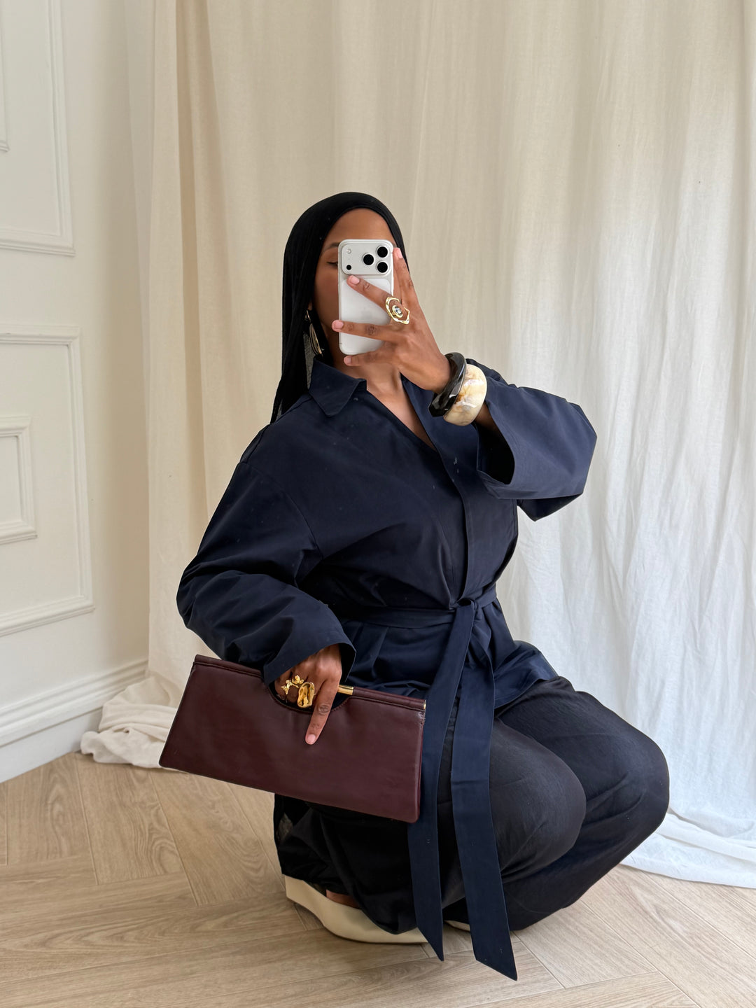 TOP OVERSIZE A CEINTURE BLEU MARINE