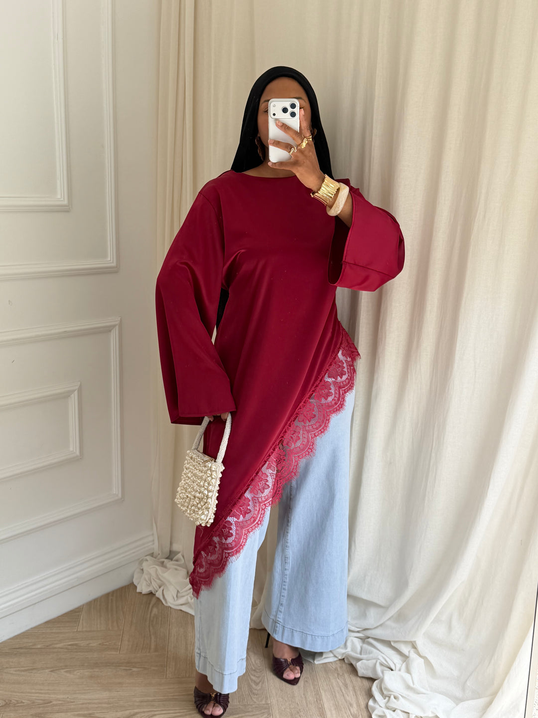 BLOUSE longue satinée DENTELLE ROUGE