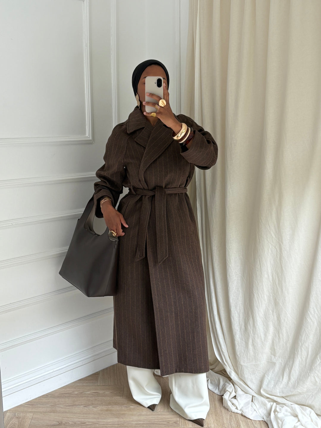 MANTEAU LONG RAYURES MARRON