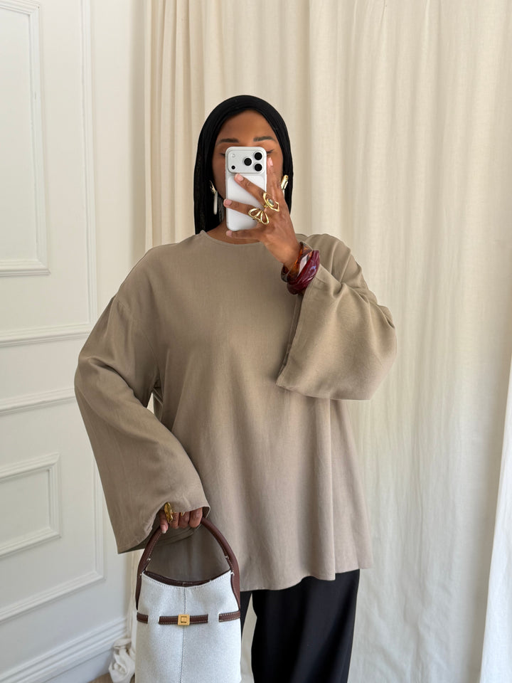 TOP LONG BASIC LIN TAUPE