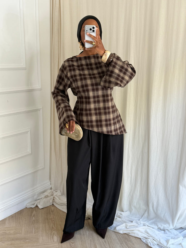 BLOUSE À CARREAU ASYMÉTRIQUE MARRON