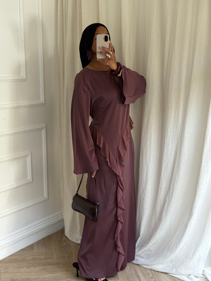 ROBE SATIN DRAPÉE AUBERGINE
