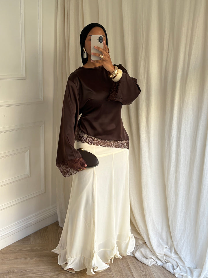 BLOUSE SATINÉE DENTELLE MARRON