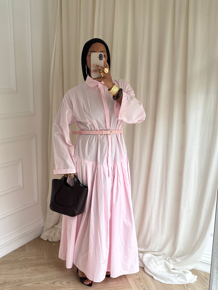 ROBE LONGUE PLISSÉE EN COTON ROSE BABY
