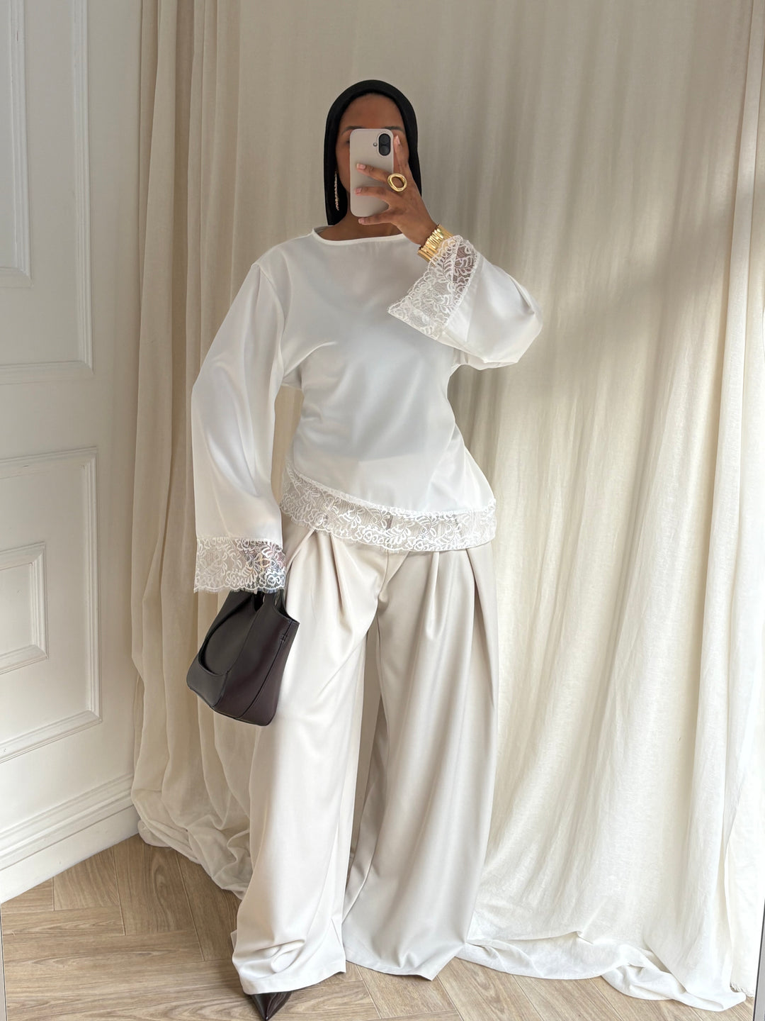 BLOUSE SATINÉE DENTELLE BLANC