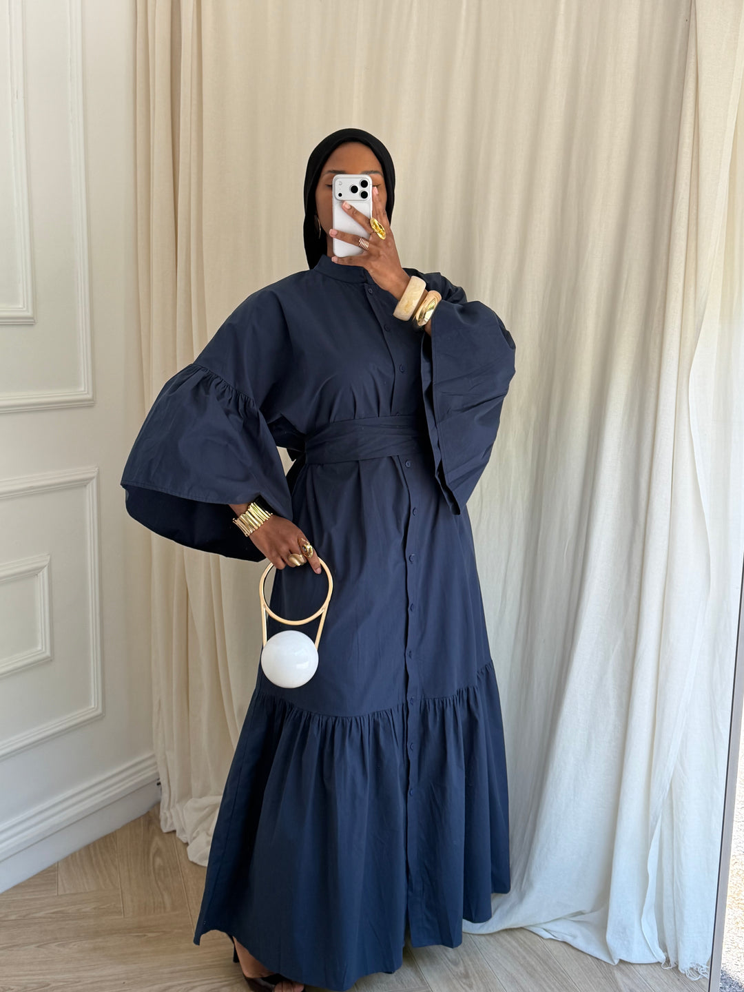 ROBE COTON À CEINTURE BLEU MARINE