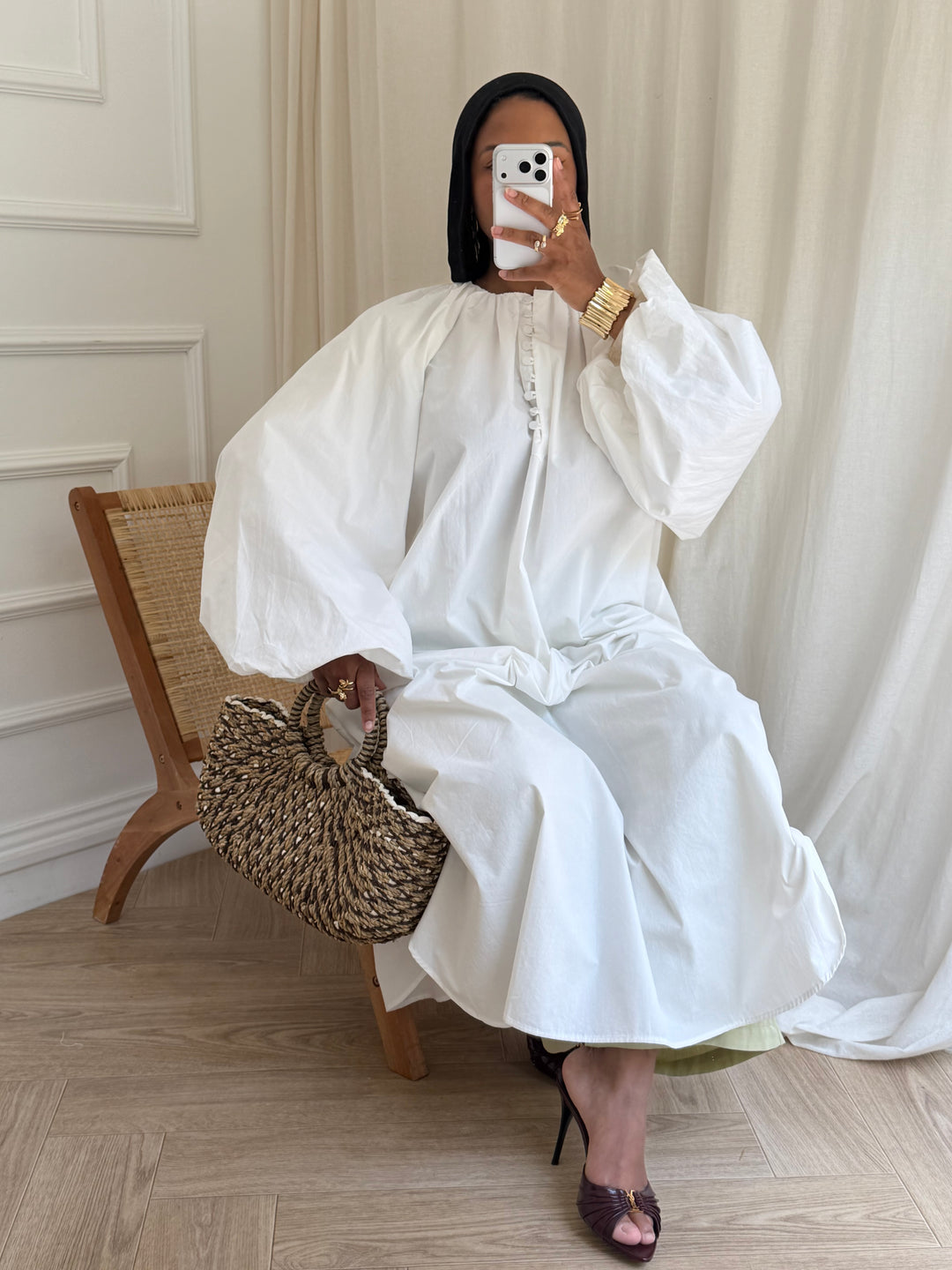ROBE COTON FENTE MANCHES BOUFFANTES BLANC