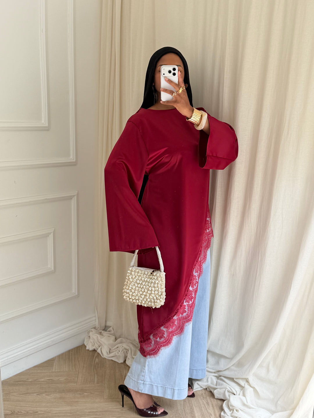 BLOUSE longue satinée DENTELLE ROUGE