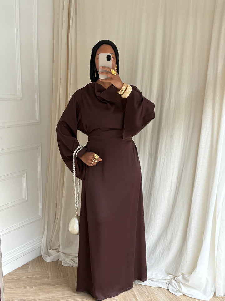 ROBE CINTRÉ MANCHES ÉVASÉES CHOCOLAT