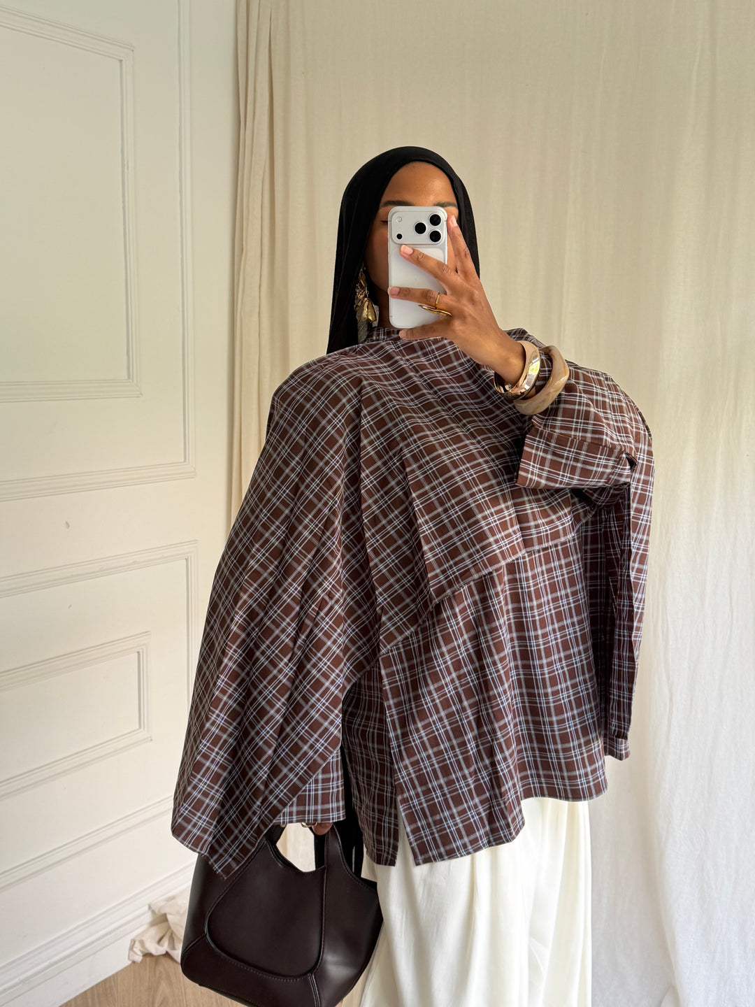 BLOUSE CARREAUX AVEC CAPE COFFEE BLUE