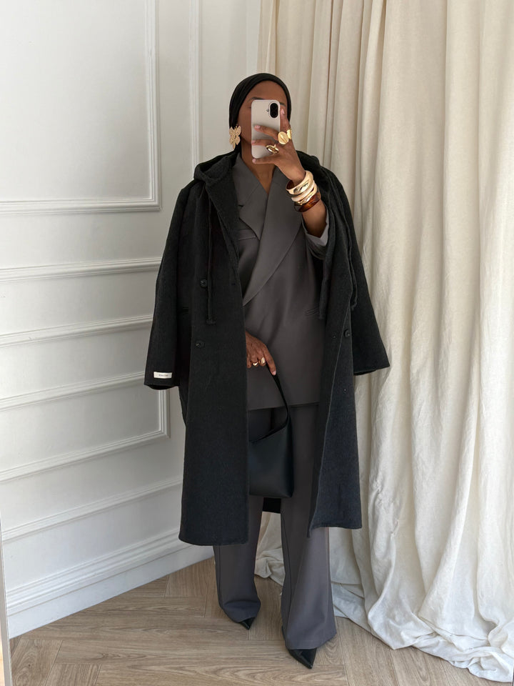 Manteau Capuche Amovible Collection Luxe – Gris foncé