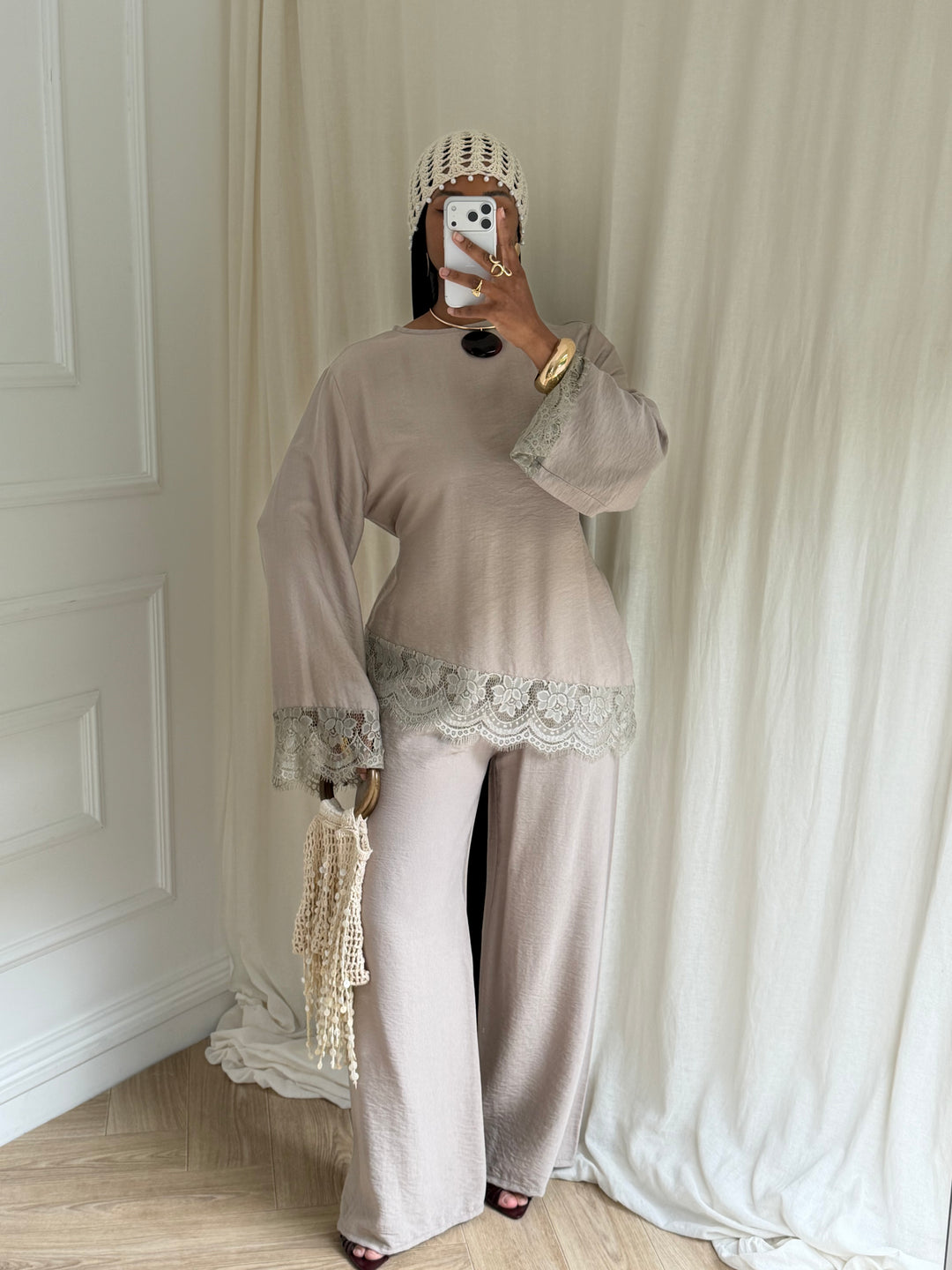 ENSEMBLE PANTALON DENTELLE TAUPE