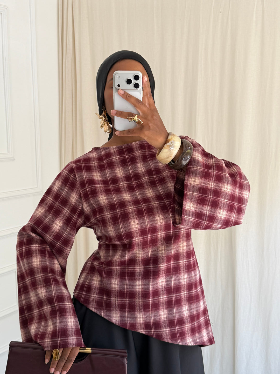 BLOUSE À CARREAU ASYMÉTRIQUE BORDEAUX