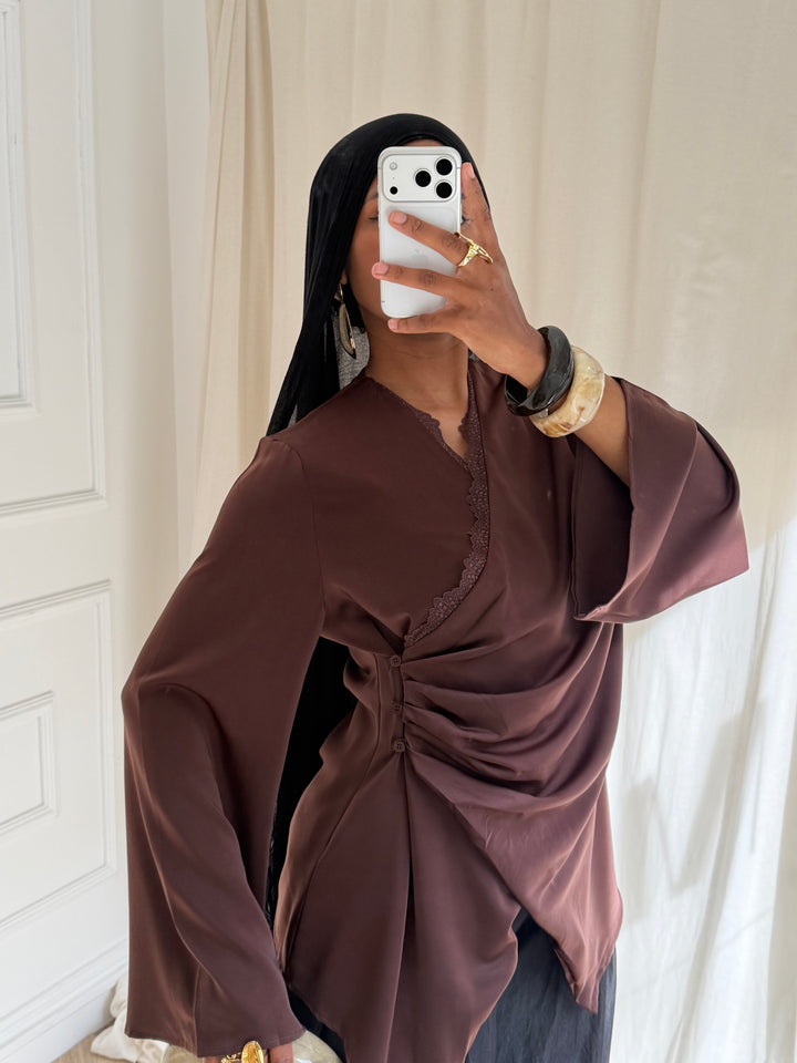 TOP SATIN DENTELLE MARRON