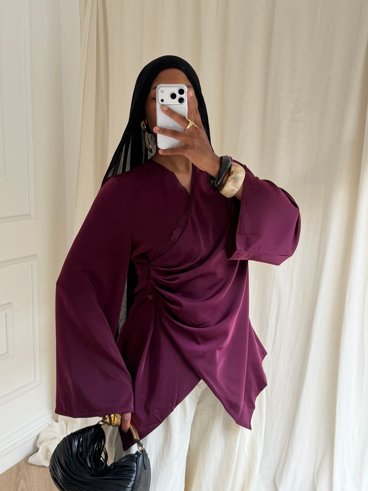 TOP SATIN DENTELLE BORDEAUX