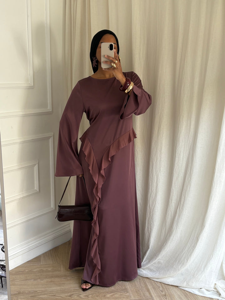 ROBE SATIN DRAPÉE AUBERGINE