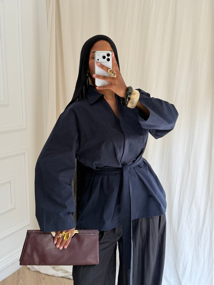 TOP OVERSIZE A CEINTURE BLEU MARINE