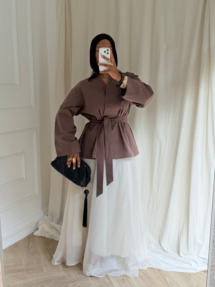 TOP OVERSIZE A CEINTURE COTON MARRON