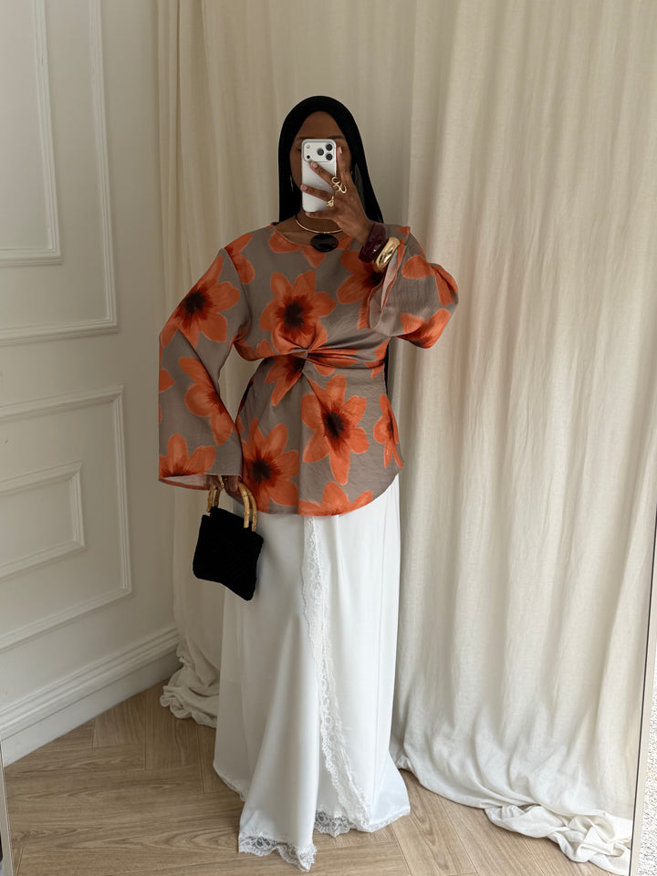 BLOUSE IMPRIMÉ SUMMER TAUPE ET ORANGE