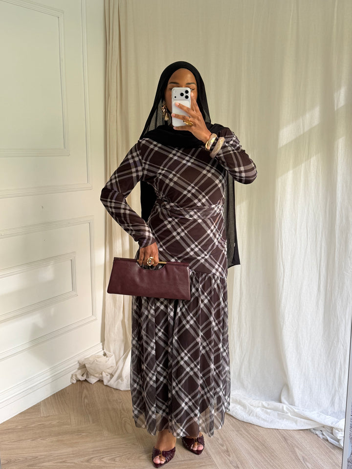 ROBE IMPRIMÉ CARREAUX MARRON