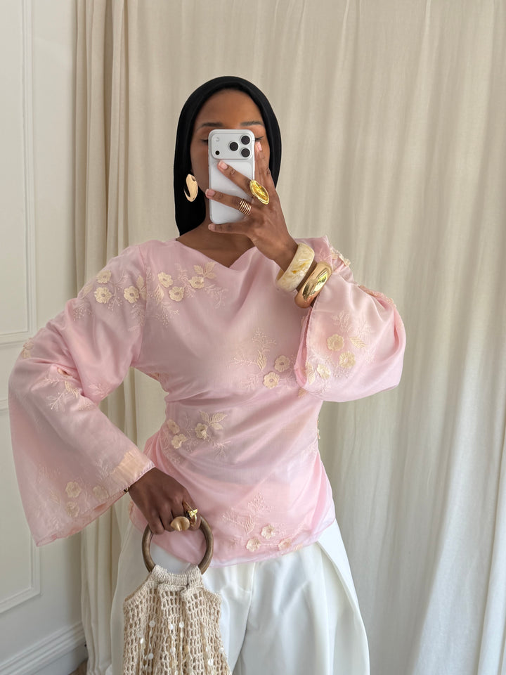 BLOUSE COURTE À FLEURS ROSE