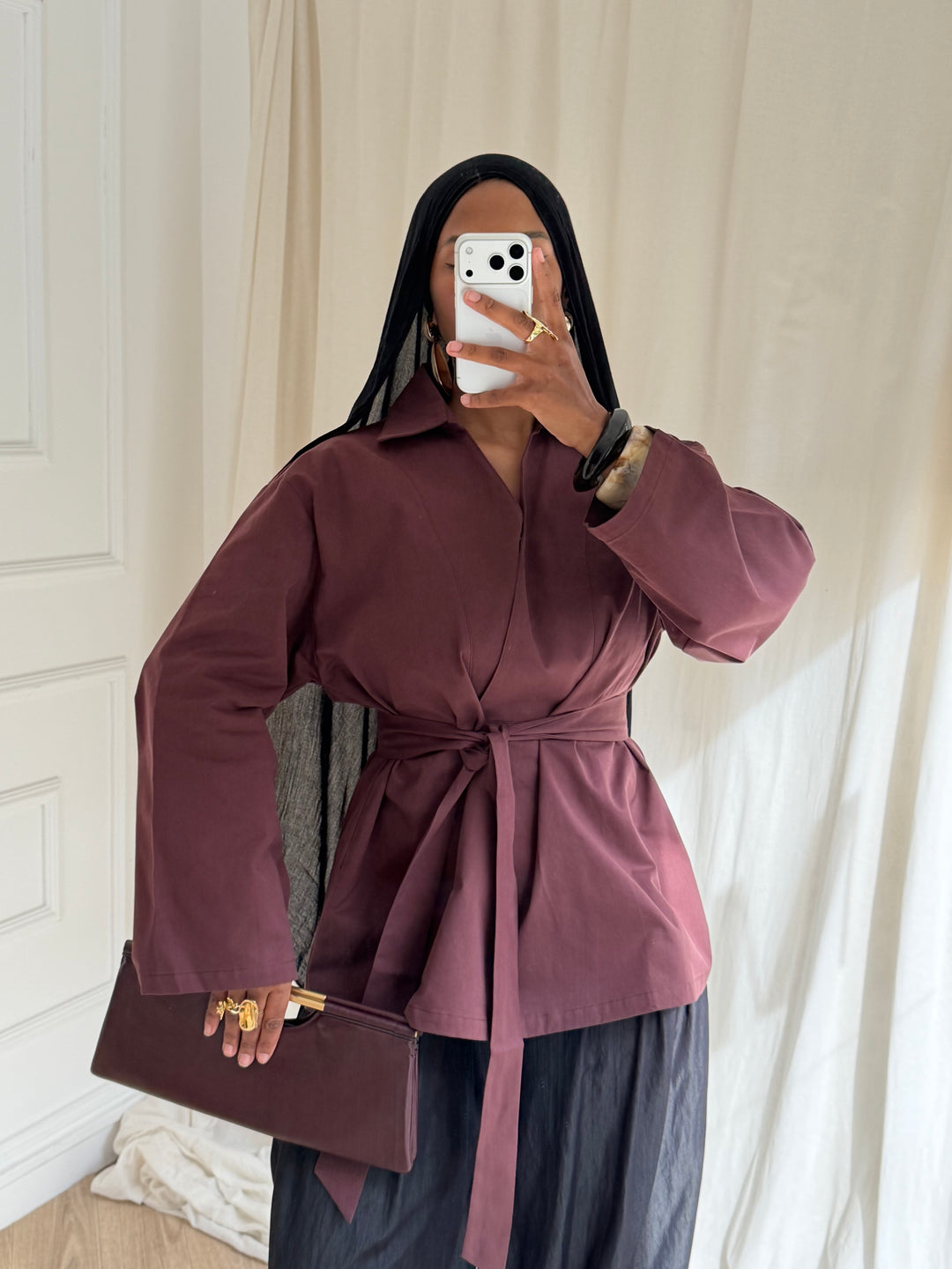 TOP OVERSIZE A CEINTURE COTON BORDEAUX