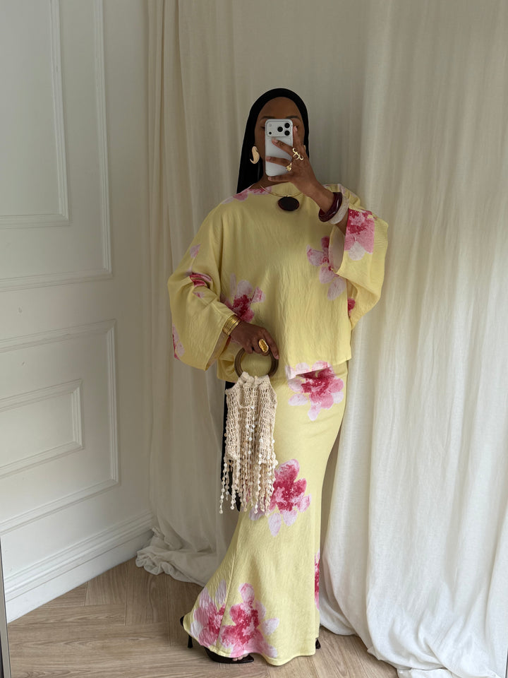 ENSEMBLE SUMMER JUPE FLEURS JAUNE ET ROSE