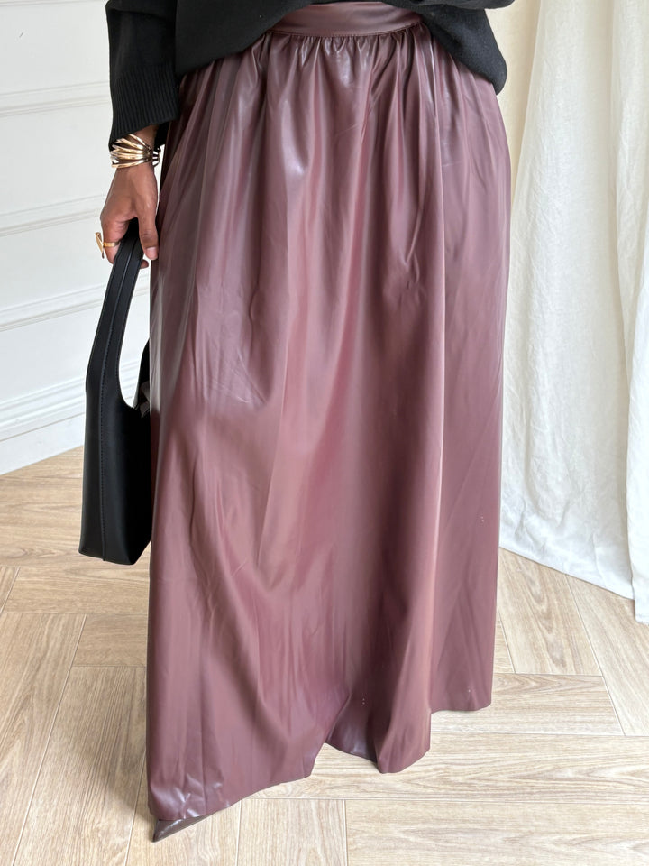 JUPE LONGUE FAUX CUIR BORDEAUX