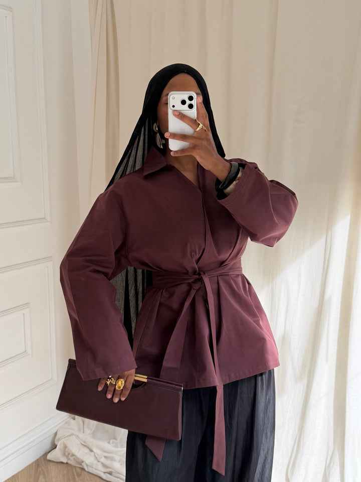 TOP OVERSIZE A CEINTURE COTON BORDEAUX