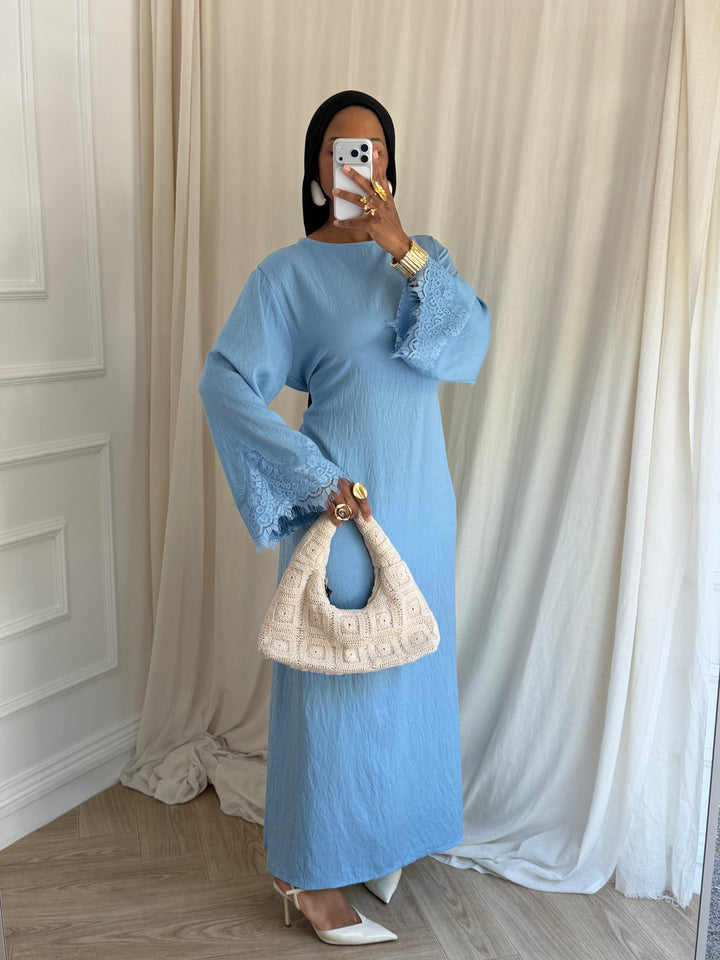 ROBE MANCHE DENTELLE PRINTEMPS BLEU CIEL