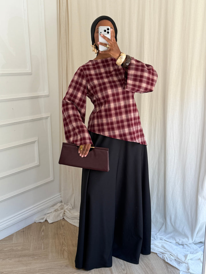 BLOUSE À CARREAU ASYMÉTRIQUE BORDEAUX