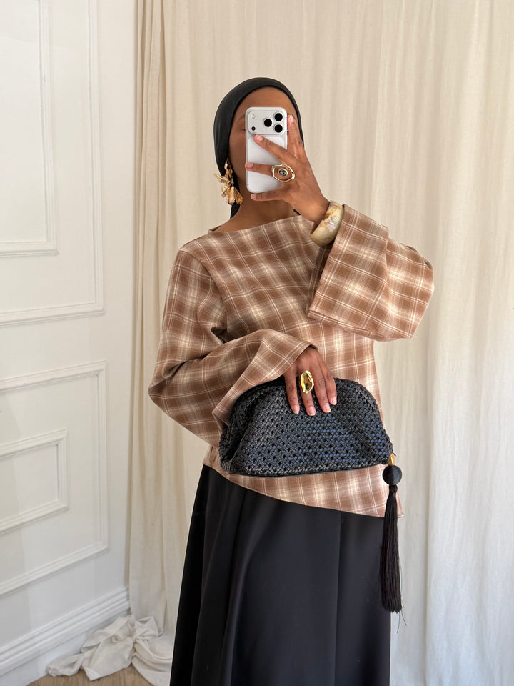 BLOUSE À CARREAU ASYMÉTRIQUE CAMEL