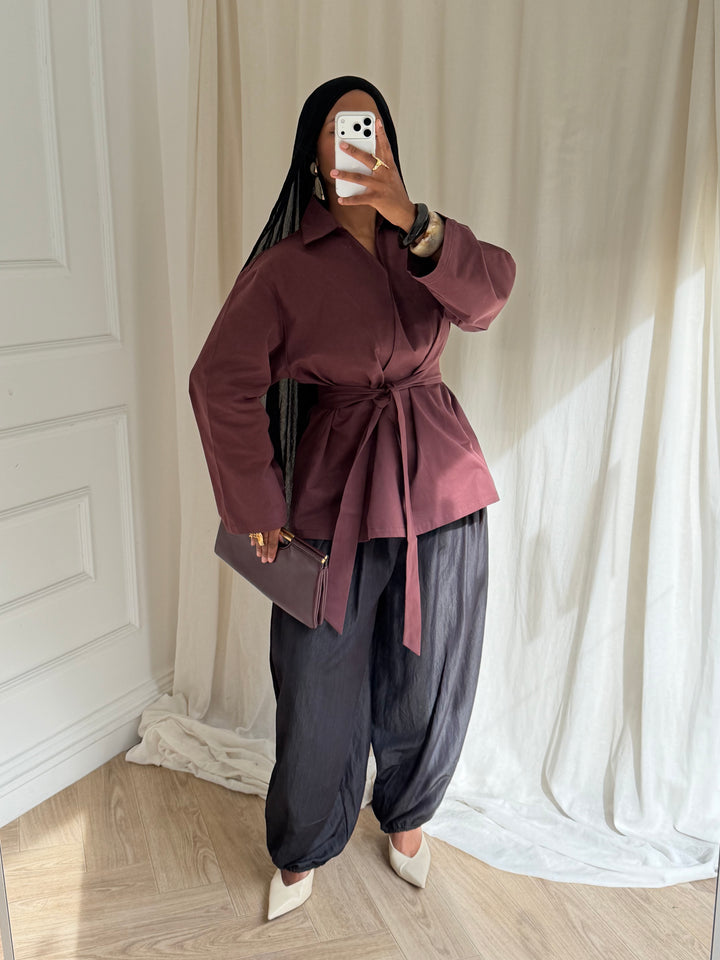 TOP OVERSIZE A CEINTURE COTON BORDEAUX