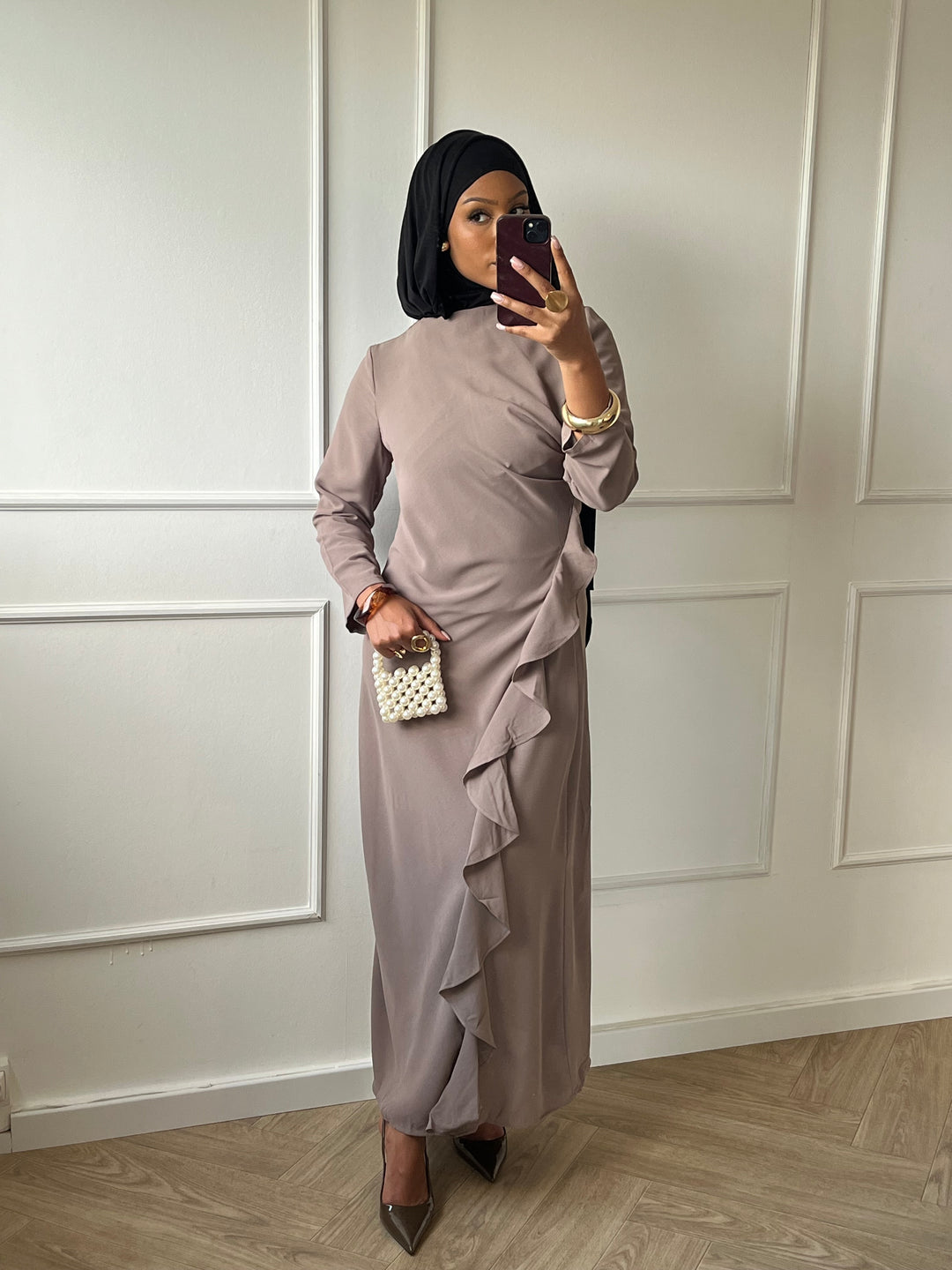 ROBE LONGUE DRAPÉE TAUPE