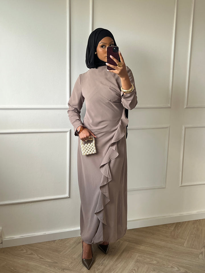 ROBE LONGUE DRAPÉE TAUPE