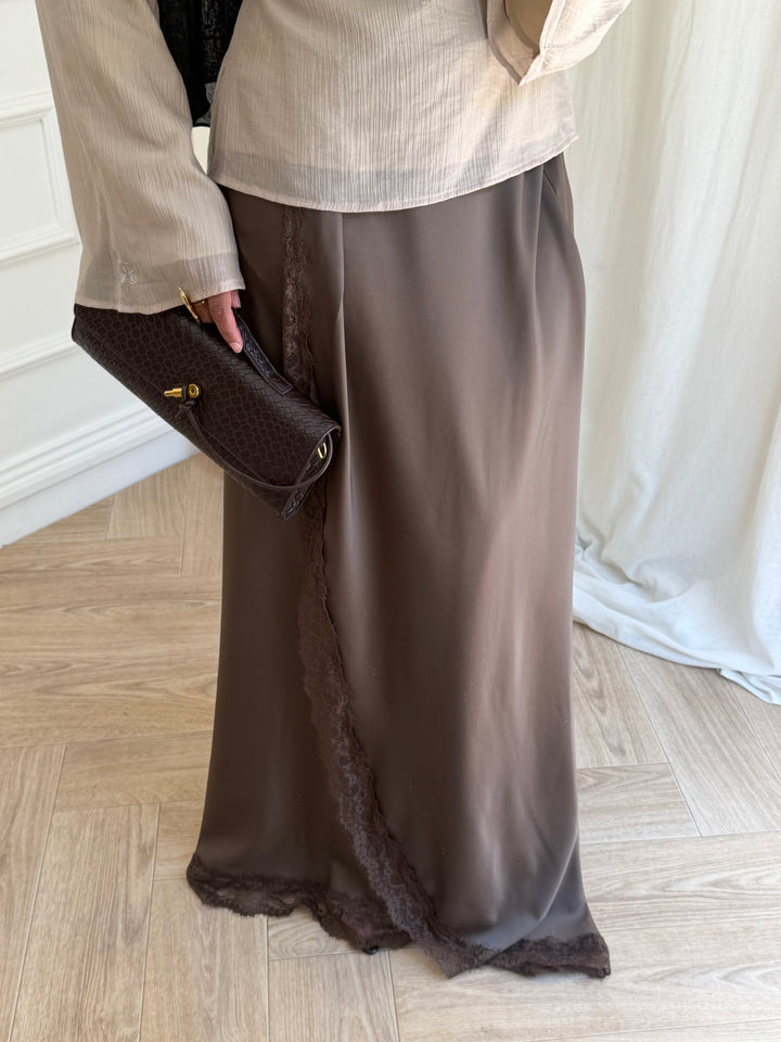 MAXI JUPE SATIN DENTELLE MARRON