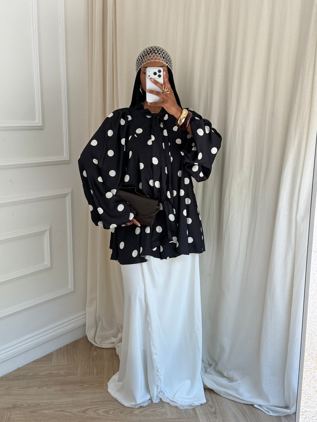BLOUSE COL CLODINE A POIS NOIRE