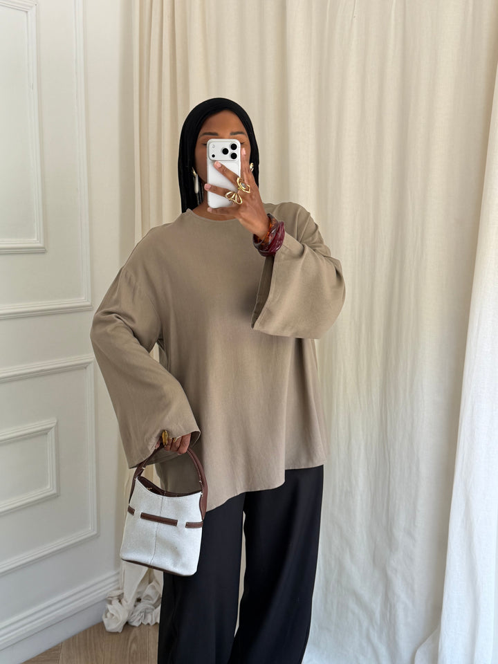 TOP LONG BASIC LIN TAUPE