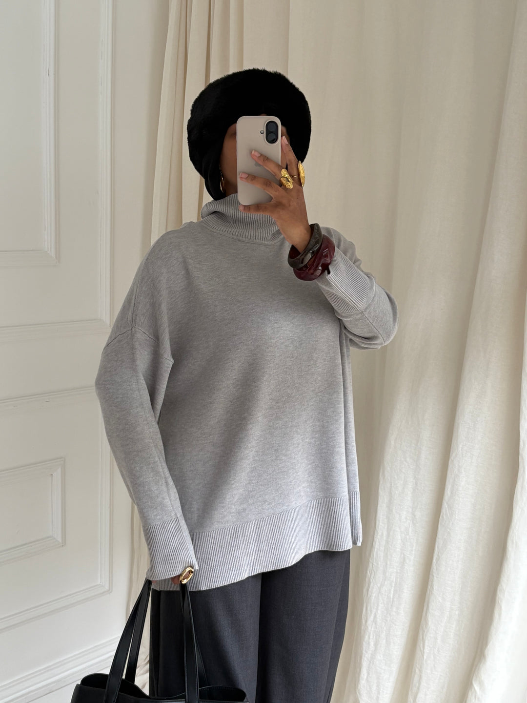 PULL FIN COL ROULÉ GRIS CLAIR