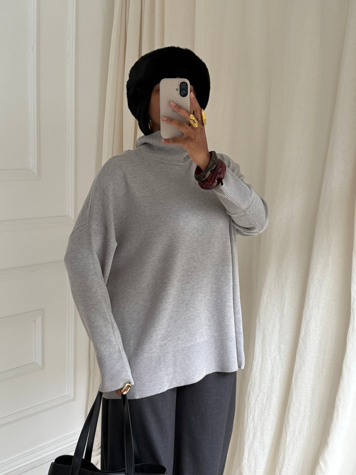 PULL FIN COL ROULÉ GRIS CLAIR