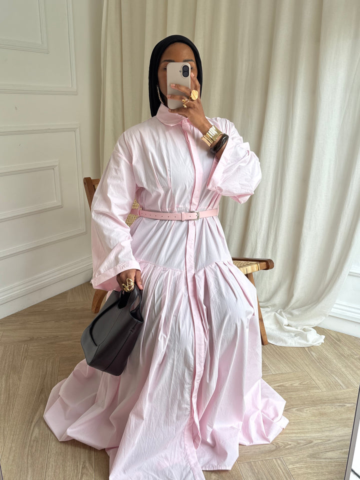 ROBE LONGUE PLISSÉE EN COTON ROSE BABY