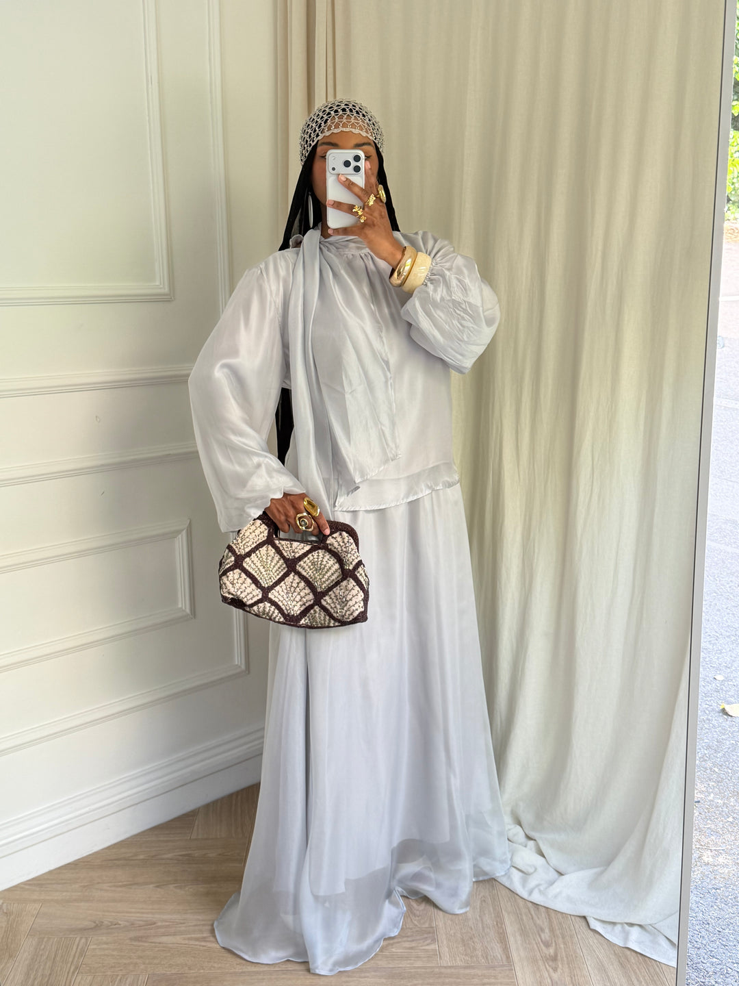 ENSEMBLE BLOUSE ET JUPE ORGANZA BLEU GRIS