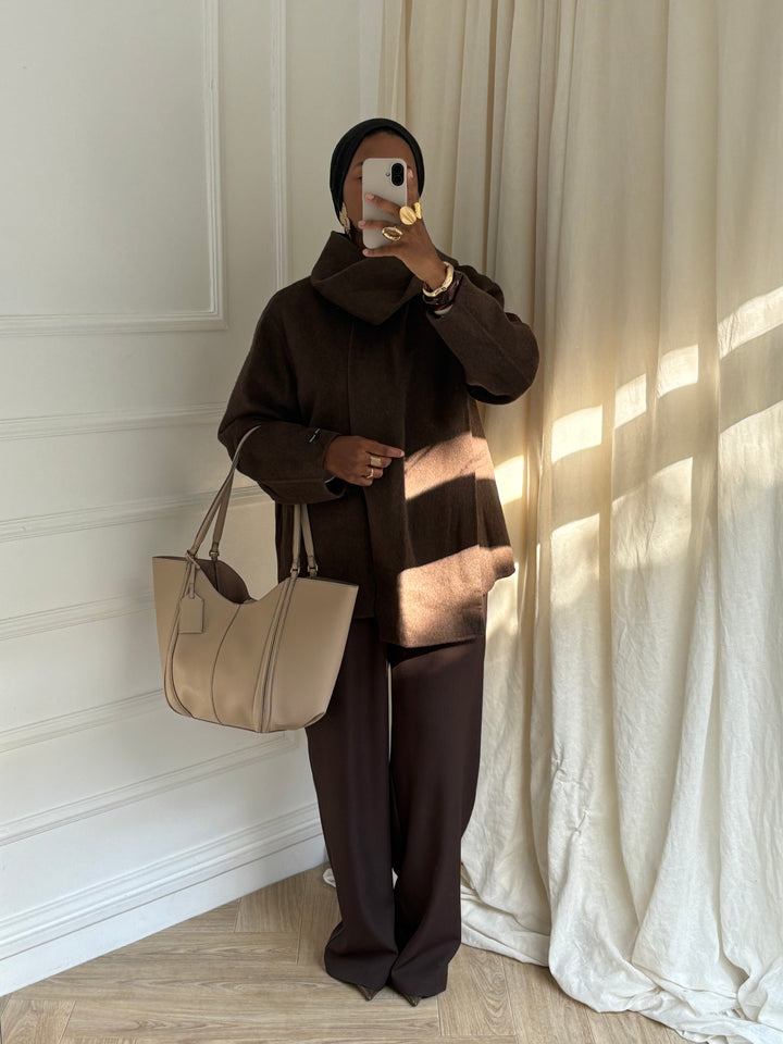 MANTEAU CACHEMIRE ÉCHARPE COUSUE COFFEE