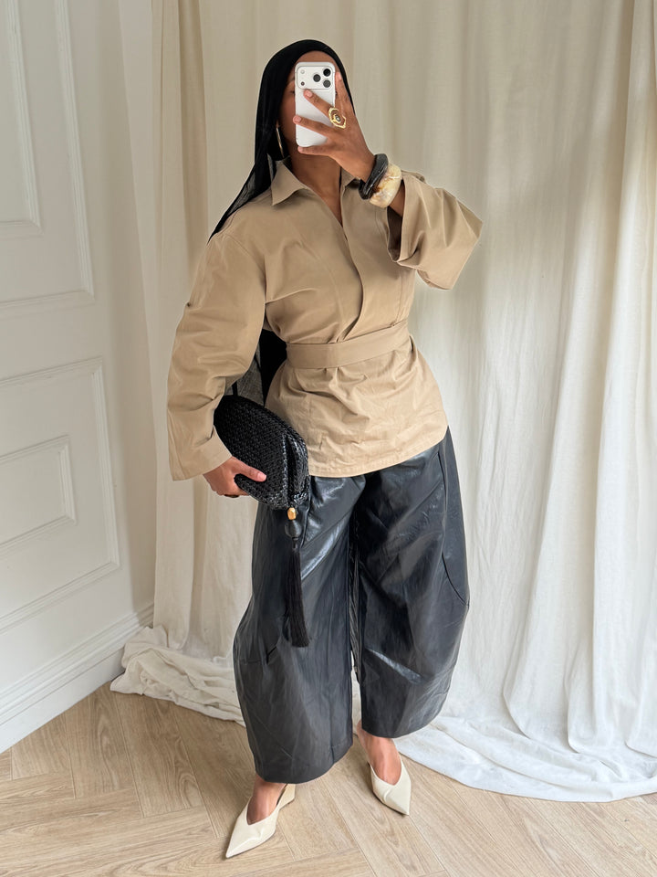 TOP OVERSIZE A CEINTURE COTON BEIGE SABLE