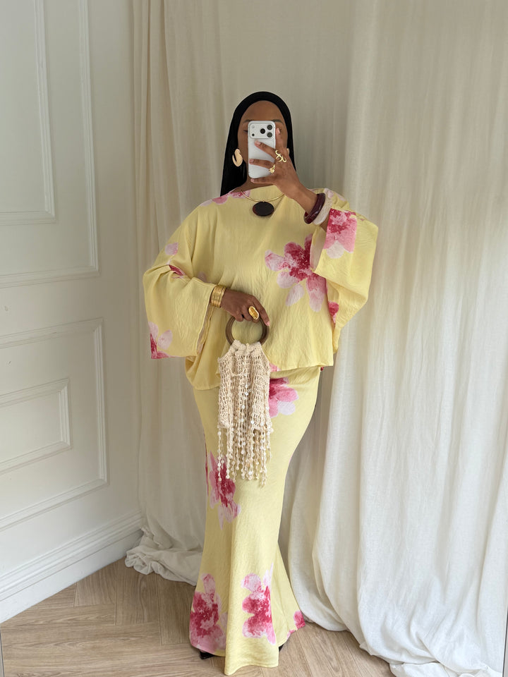 ENSEMBLE SUMMER JUPE FLEURS JAUNE ET ROSE