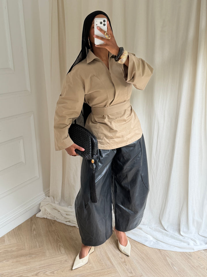 TOP OVERSIZE A CEINTURE COTON BEIGE SABLE