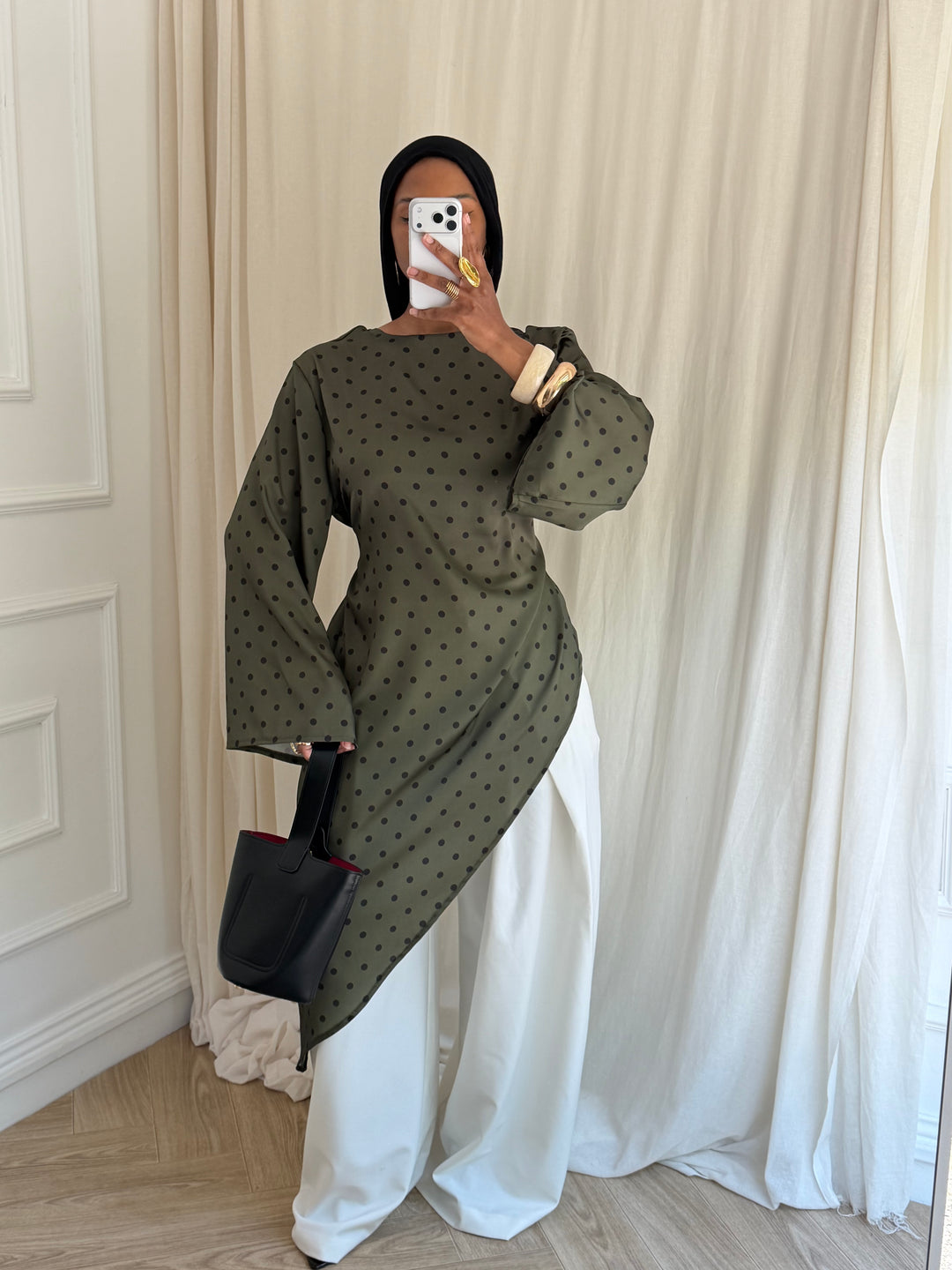 BLOUSE LONGUE À POIS KAKI